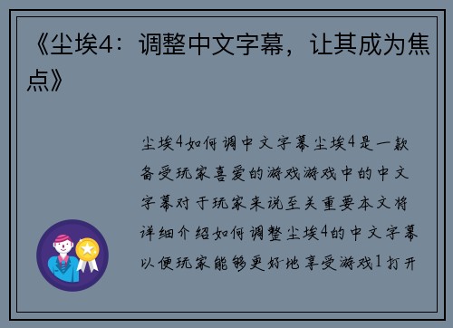 《尘埃4：调整中文字幕，让其成为焦点》
